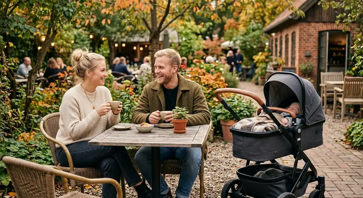Nybagte skandinaviske forældre hygger sig udendørs med deres baby i barnevogn